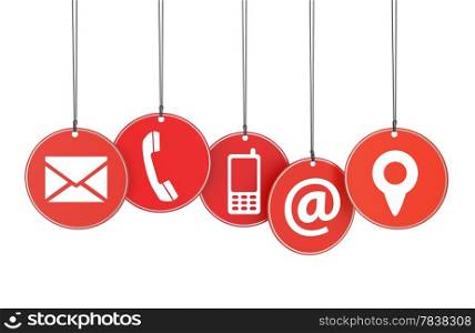 Website and Internet contact page concept with icons on red hanged tags isolated on white background.