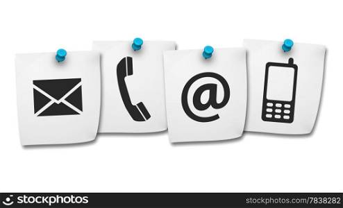 Website and Internet contact us page concept with black icons on paper post it isolated on white background.