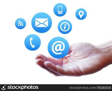 Website and Internet contact us page concept with icon fluttering on a man hand isolated on white background.