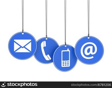 Website and Internet contact us page concept with icons on four blue hanged tags on white background.