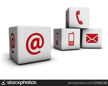 Website and Internet contact us page concept with red icons on cubes isolated on white background.