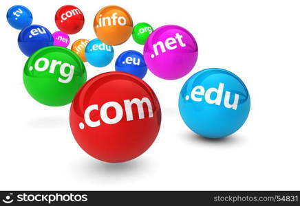 Website and Internet domain name web concept with domains sign on colorful bouncing balls 3D illustration on white background.