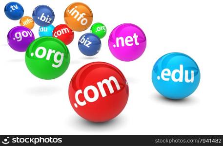 Website and Internet domain names web concept with domains sign and text on colorful bouncing glossy spheres isolated on white background.