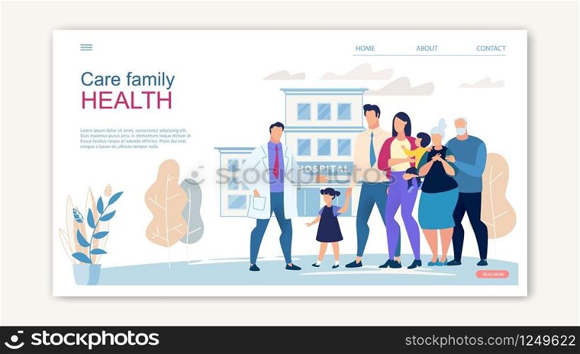 Website Banner Care Family Health Cartoon Page. Demonstration Different Generations that Clinic Ready Take Care, from Baby To Old Man. Regardless Age, Every Family Member Get Quality Medical Care.