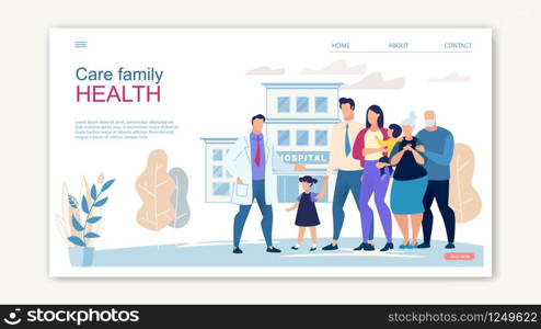 Website Banner Care Family Health Cartoon Page. Demonstration Different Generations that Clinic Ready Take Care, from Baby To Old Man. Regardless Age, Every Family Member Get Quality Medical Care.