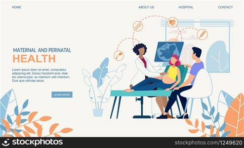 Website Banner Maternal and Perinatal Health. Family, Includes Husband, Pregnant Wife, Shown Consultation with Doctor. Ultrasound Procedure. Doctor Show Fetus on Monitor, Explains Development Embryo.