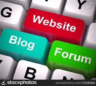 Website blog or forum the choice of promoting products on the internet. Publishing information using microblogging or sites - 3d illustration. Website Blog And Forum Keys Show Internet Or Www