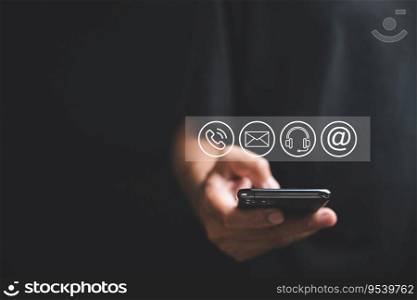 Website contact us page featuring customer support hotline connections on smartphone. Icons of email, phone call and address symbolize effective communication. Banner for online business and marketing