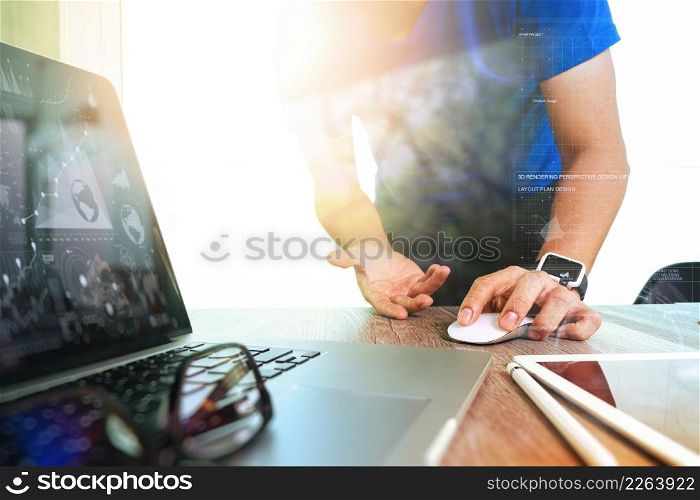 Website designer working digital tablet and smartphone and laptop computer with digital design diagram on wooden desk as concept