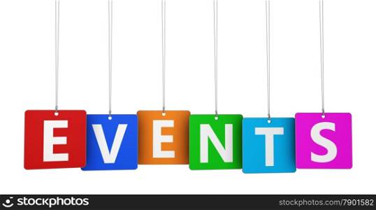 Website, Internet and blog concept with events word and sign on colorful hanged tags isolated on white background.