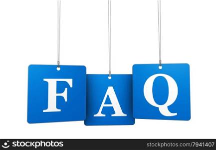 Website support, questioning and help concept with FAQ sign on blue tags isolated on white background.