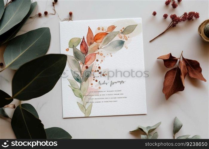 Wedding announcement card decoration lay flat art , Beautiful decorated wedding invitations background , Generate Ai