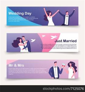 Wedding banners vector template with cartoon character. Illustration of wedding card invitation, banner celebration. Wedding banners vector template with cartoon character