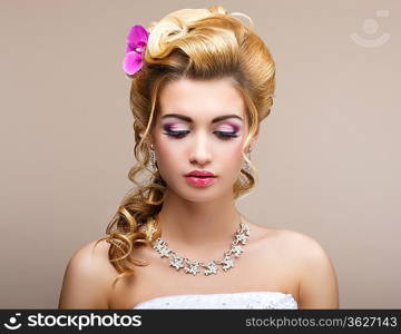 Wedding. Beautiful Thinking Bride with Diamond Necklace. Elegance & Femininity