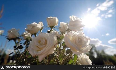 Wedding bouquet of white roses in the sun against the blue sky. Header banner mockup with copy space. AI generated.. Wedding bouquet of white roses in the sun against the blue sky. AI generated.