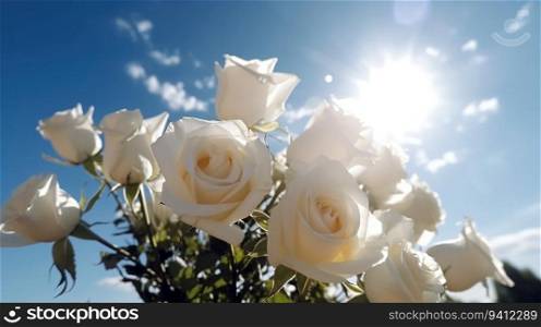 Wedding bouquet of white roses in the sun against the blue sky. Header banner mockup with copy space. AI generated.. Wedding bouquet of white roses in the sun against the blue sky. AI generated.