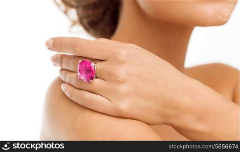 wedding, bridal jewelry and luxury concept - picture of beautiful woman with big pink cocktail ring