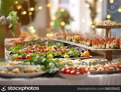 Wedding buffet food prepared by catering in large hotel.AI Generative