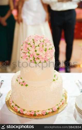Wedding cake decorated with beautiful flowers&#xA;
