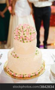 Wedding cake decorated with beautiful flowers&#xA;