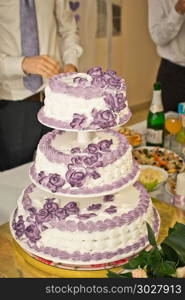 Wedding cake in three circles decorated with times from oil of violet color.. Huge pie.