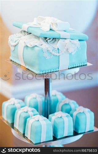 wedding cake with turquoise cakes in tiffany style. wedding cake with turquoise cakes