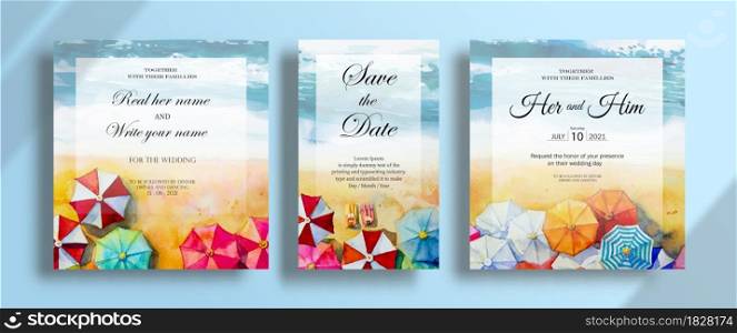 Wedding card painting watercolor seascape top view umbrella of lovers in summer invitation card set template. Painting umbrella and seascape ocean background. Save the date, invitation, greeting card.
