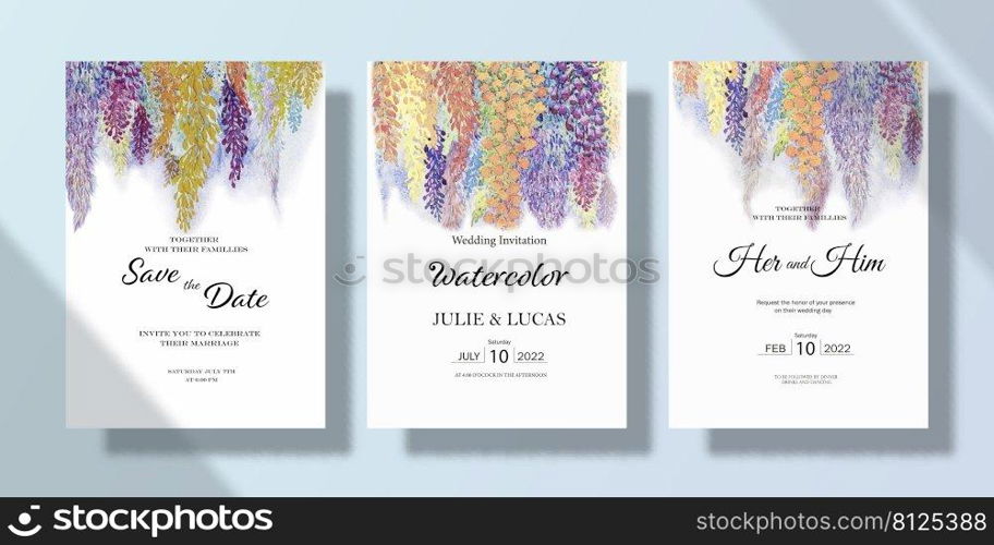 Wedding celebration invitation card set with watercolor abstract floral paintings. Happy wedding in bunch of abstract flowers, watercolor painting flowers background. Save the date, invitation.