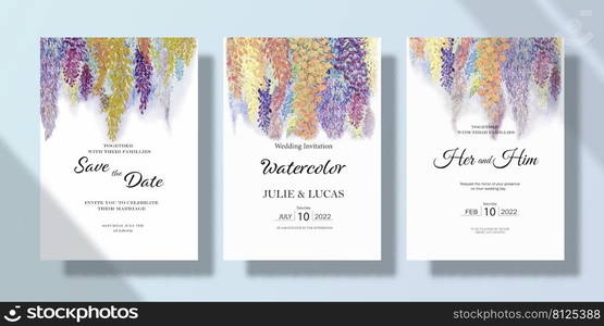 Wedding celebration invitation card set with watercolor abstract floral paintings. Happy wedding in bunch of abstract flowers, watercolor painting flowers background. Save the date, invitation.