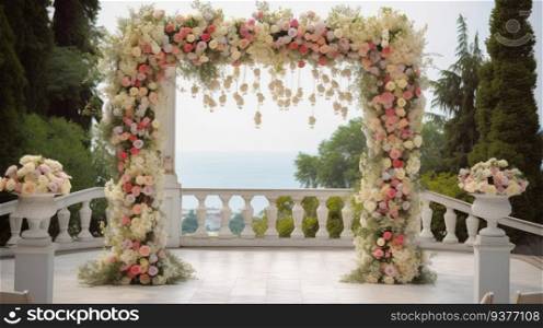 Wedding ceremonial arch decorated with white flowers, sea background. Header banner mockup with copy space. AI generated.. Wedding ceremonial arch decorated with white flowers, sea background. AI generated.
