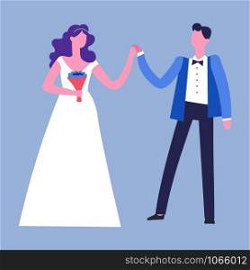 Wedding ceremony of couple man and woman wearing celebration clothes vector male and female holding bouquet dancing happily wife and husband in formal suit for day newlywed pair happy in love.. Wedding ceremony of couple man and woman wearing celebration clothes