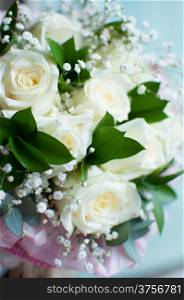 Wedding close up of white bridal bouquet
