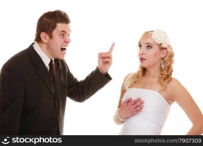 Wedding couple having argument - conflict, bad relationships. Woman bride and angry groom in fight. Isolated