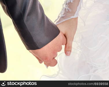 Wedding couple holding hands. Young married couple holding hands, ceremony wedding day