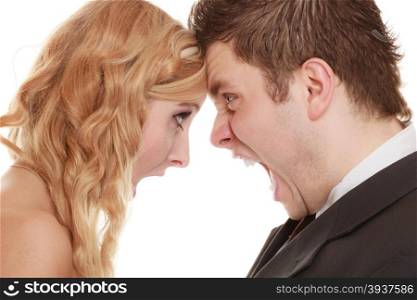 Wedding couple relationship difficulties. Angry woman man yelling at each other. Portrait fury bride groom. Face to face. Negative bad communication human emotions facial expression.