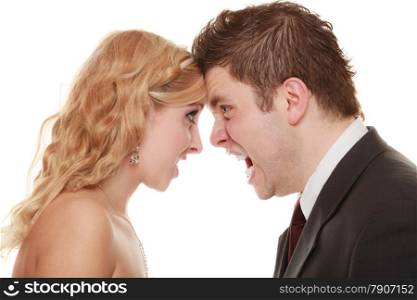 Wedding couple relationship difficulties. Angry woman man yelling at each other. Portrait fury bride groom. Face to face. Negative bad communication human emotions facial expression.