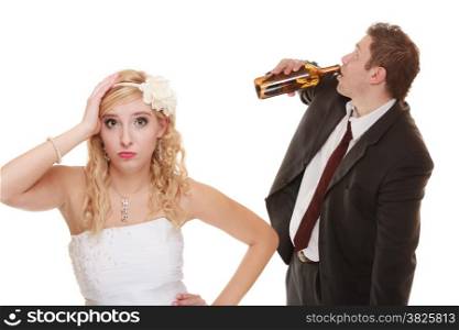 Wedding couple, unhappy bride with alcoholic drinking groom. Woman looking her future make decision - violence alcoholism problems concept