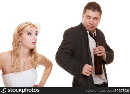 Wedding couple, unhappy bride with alcoholic drinking groom. Woman looking her future make decision - violence alcoholism problems concept