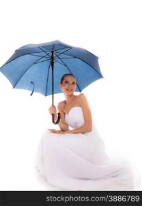 Wedding day at a raining day. Full length romantic bride white gown holding blue umbrella isolated on white