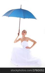 Wedding day at a raining day. Full length romantic bride with blue umbrella isolated on white background