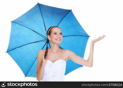 Wedding day at a raining day. Young romantic bride with blue umbrella isolated on white background