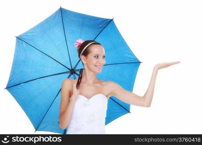 Wedding day at a raining day. Young romantic bride with blue umbrella isolated on white background
