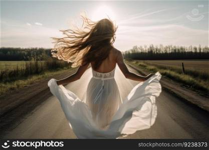 wedding day bride in wedding dress run on road in the rays of the sun generative ai.