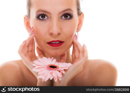 Wedding day. Closeup attractive romantic girl bride with pink flower gerbera daisy isolated on white background