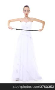 Wedding day. Full length young attractive bride in white dress with black leather flogging whip isolated on white background