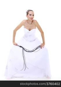 Wedding day. Full length young attractive bride in white dress with black leather flogging whip isolated on white background