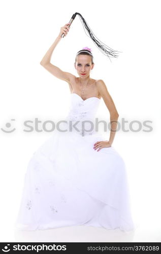 Wedding day. Full length young attractive bride in white dress with black leather flogging whip isolated on white background