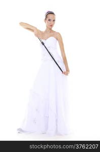 Wedding day. Full length young attractive bride in white dress with black leather flogging whip isolated on white background