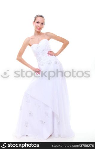 Wedding day. Full length young attractive romantic bride in white dress isolated on white background