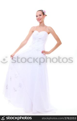 Wedding day. Full length young attractive romantic bride in white dress isolated on white background